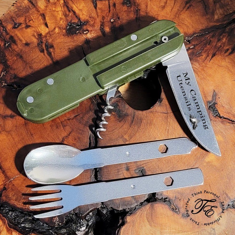 Personalized Camping or Picnic Fork, Spoon, and Knife Utensil Multi-Tool - Green